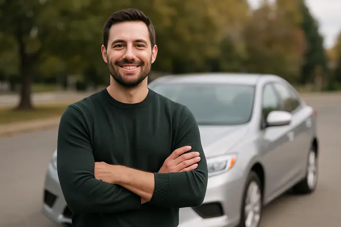 Driver standing in front of a car after obtaining broad form SR-22 insurance coverage