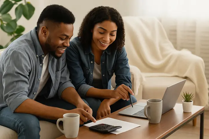 Smiling couple sitting on a couch reviewing documents with a laptop and calculator