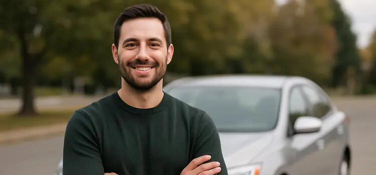 Driver standing in front of a car after obtaining broad form SR-22 insurance coverage