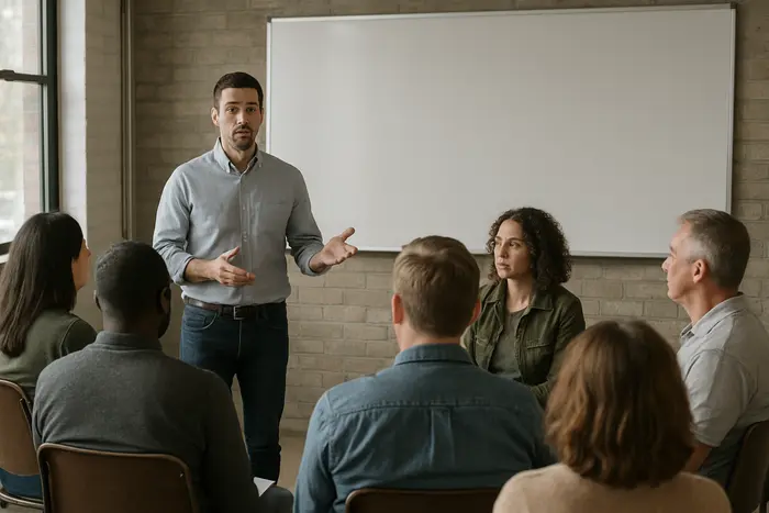 Adults attending an alcohol education class led by an instructor in a classroom
