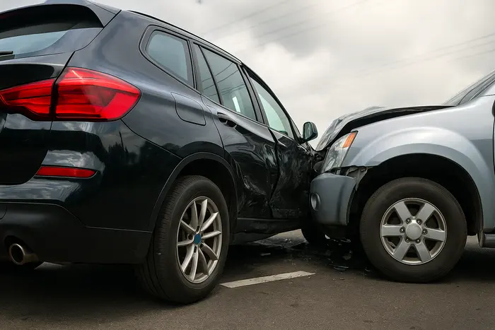 A black SUV struck on the side by a silver SUV, showing severe damage to the black vehicle’s driver-side door and the crumpled front end of the silver SUV